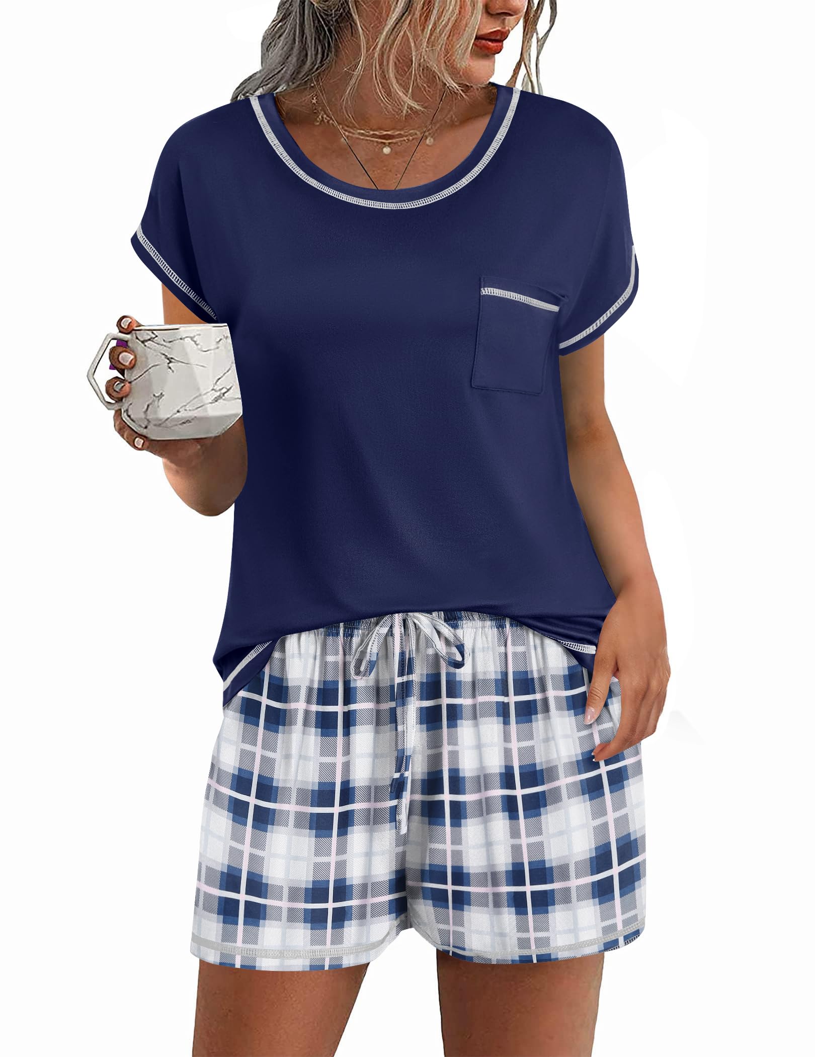 Ekouaer Womens Pajama Sets 2 Piece Soft Short Sleeve Top and Shorts Sleepwear Round Neck Pjs Lounge Set with Pockets