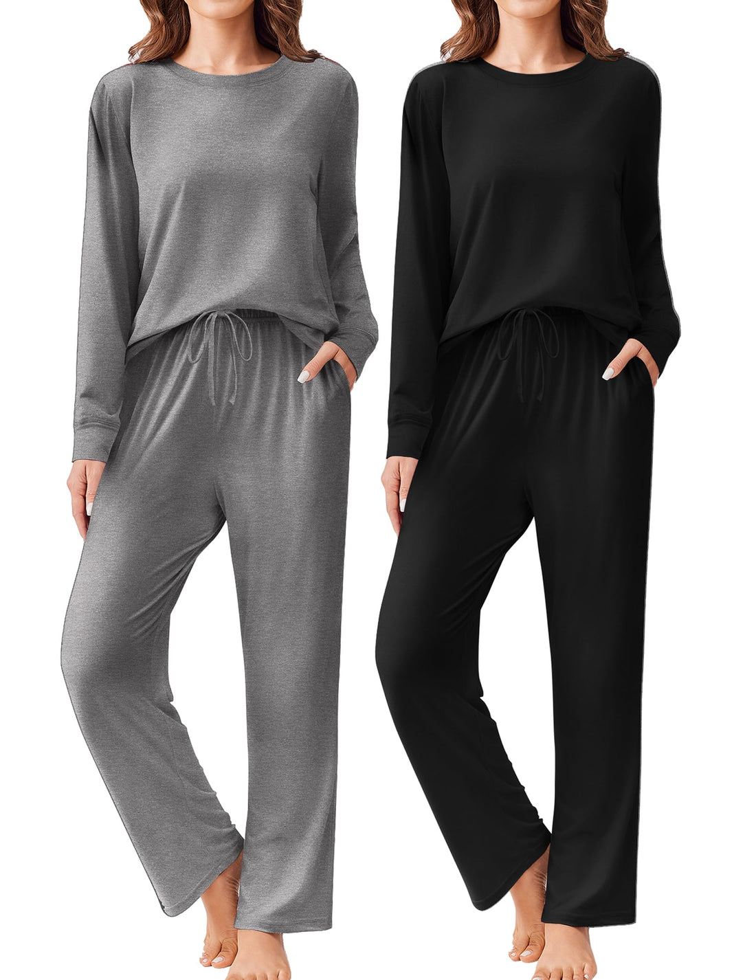 Ekouaer 2 Pack Women Pajama Long Sleeve Sleepwear Soft Loungewear Pjs Sets with Pockets S-XXL