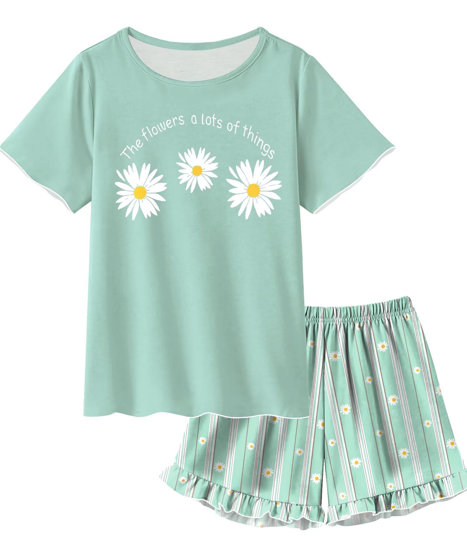 SWOMOG Girls Pajama Set Short Sleeve Tops & Ruffled Shorts with Pocket 2 Piece Summer Pajamas for Kids Size 6-15