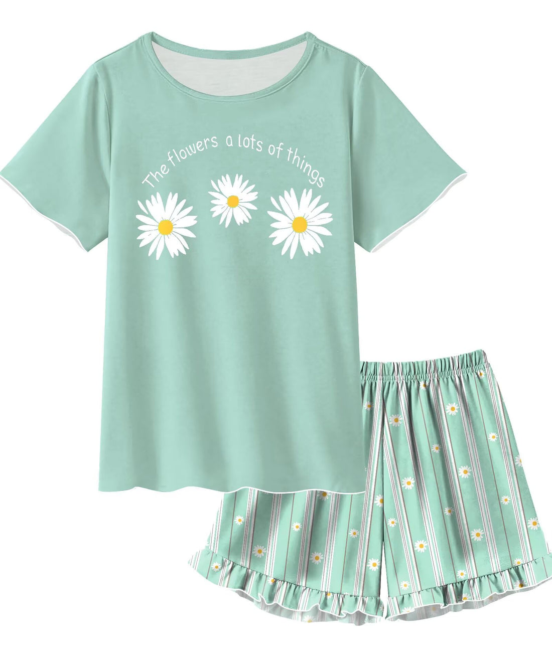 SWOMOG Girls Pajama Set Short Sleeve Tops & Ruffled Shorts with Pocket 2 Piece Summer Pajamas for Kids Size 6-15