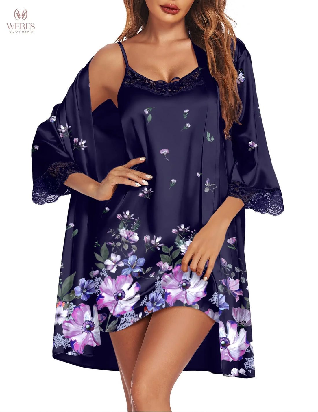 Ekouaer Sleepwear Women's Satin Nightgown with Robes Set 2 Piece Sexy Lace Cami Nightwear WEBE CLOTHING