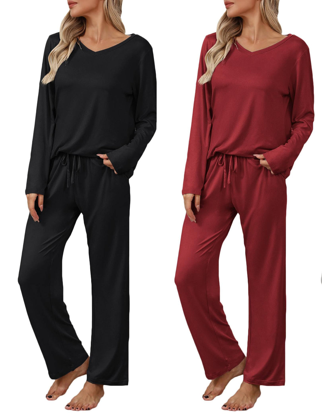 Ekouaer Womens 2 Pack Pajama Set Long Sleeve Pajamas Top and Pants V Neck Pjs Set Soft Loungewear with Pockets
