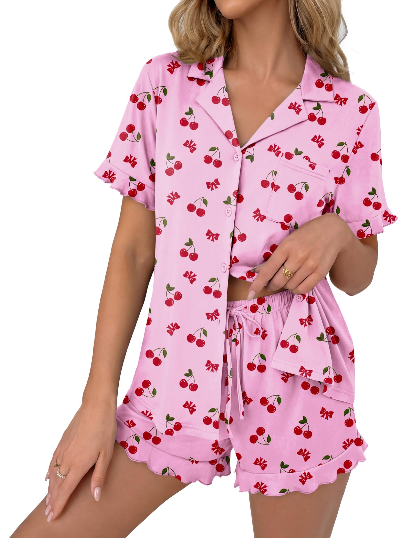 Ekouaer Pajamas Set for Women Button Down Pjs Lounge Sets Ruffle Short Sleeve Sleepwear Cute Loungewear