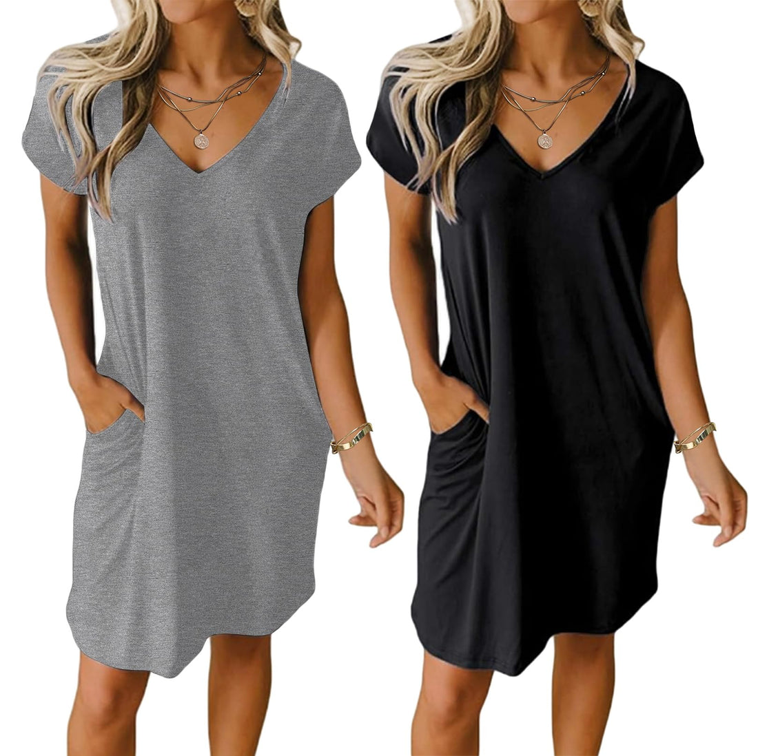 Ekouaer Womens 2 Pack Nightgown V Neck Sleepshirt Short Sleeve Nightshirt Plain/Floral Pajama Dress with Pockets