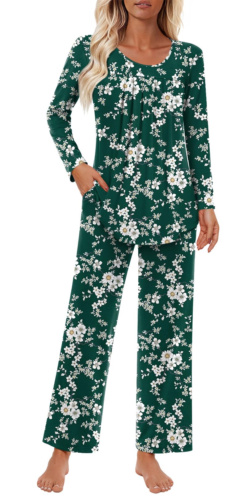 Findsweet Women's Pajama Set 2 Piece Lounge Outfits Soft Sleepwear Fall Long Sleeve Long Pant With Pockets Ladies Pjs S-3XL