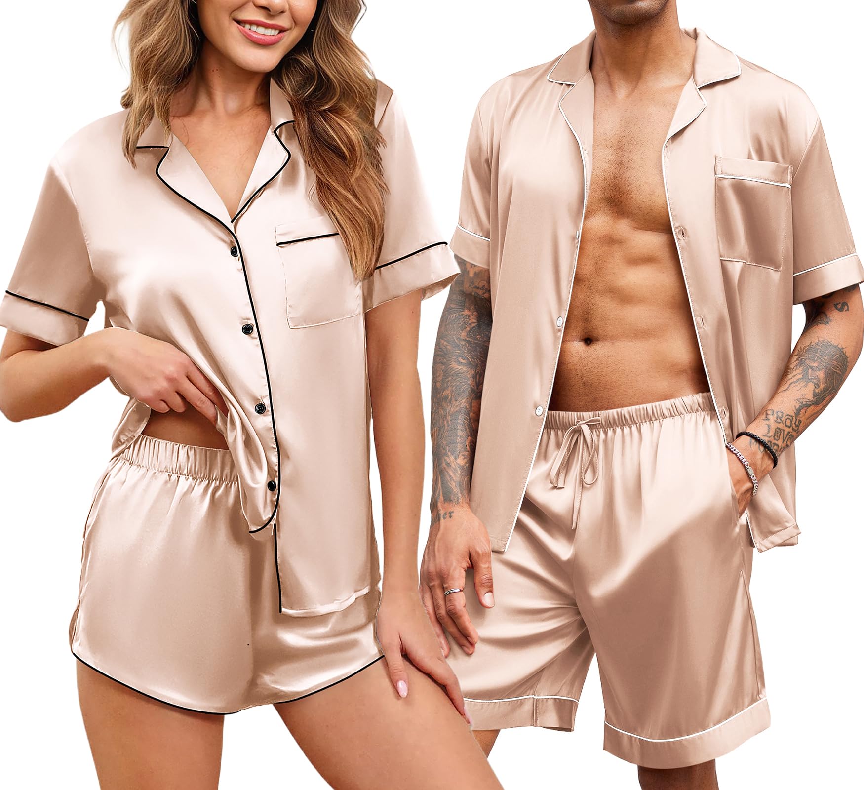 Ekouaer Silk Satin Matching Pajamas Sets Couple Button Down Nightwear Women & Men Short Sleeve Sleepwear 2 Pieces Loungewear