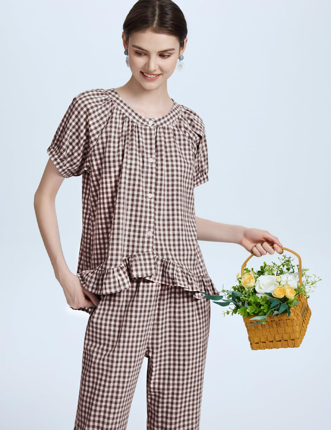 Flygo Womens Plaid 2 Piece Pajamas Sets Gingham Button Down Puff Sleeve Babydoll Shirt Ruffle Pants Y2K Pjs Lounge Set WEBE CLOTHING