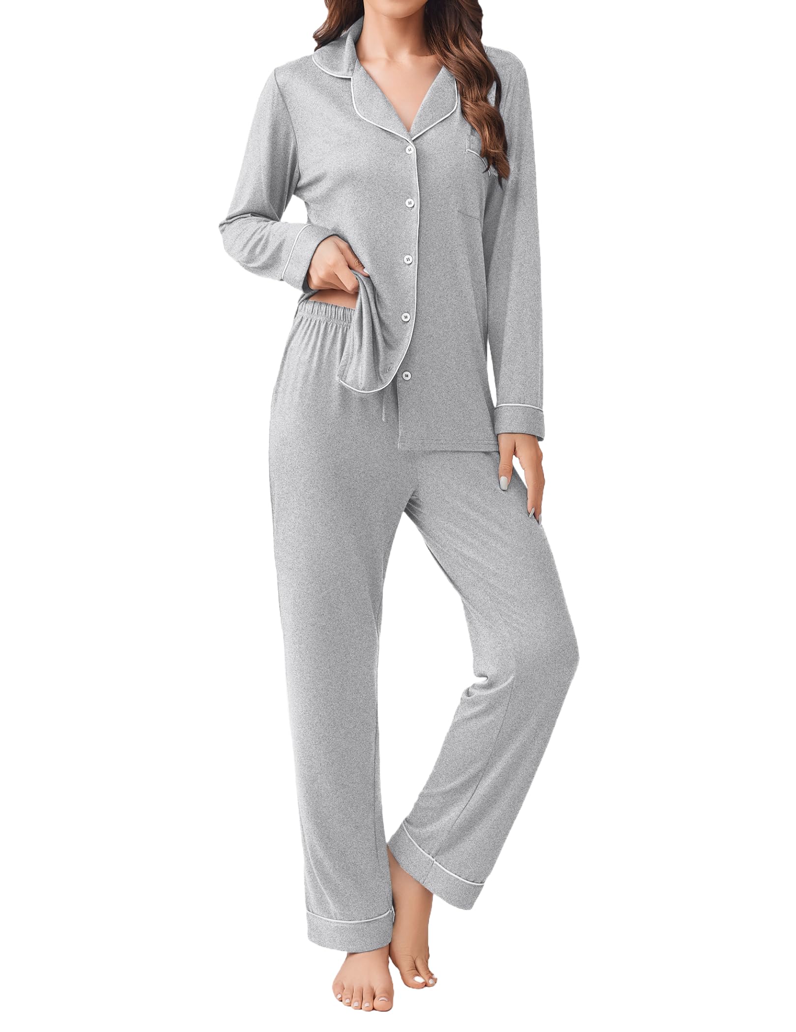 Ekouaer Womens Pajamas Set 2 Piece Button Down Pjs Soft Long Sleeve Top and Pants Sleepwear Set Lounge Sets
