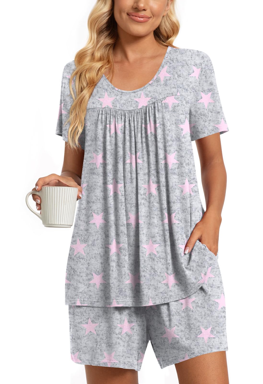 TAOHUADAO 2 Piece Women's Short Sleeve Pajama Sets, Lounge Sleepwear Ladies Pjs Sets with Pockets