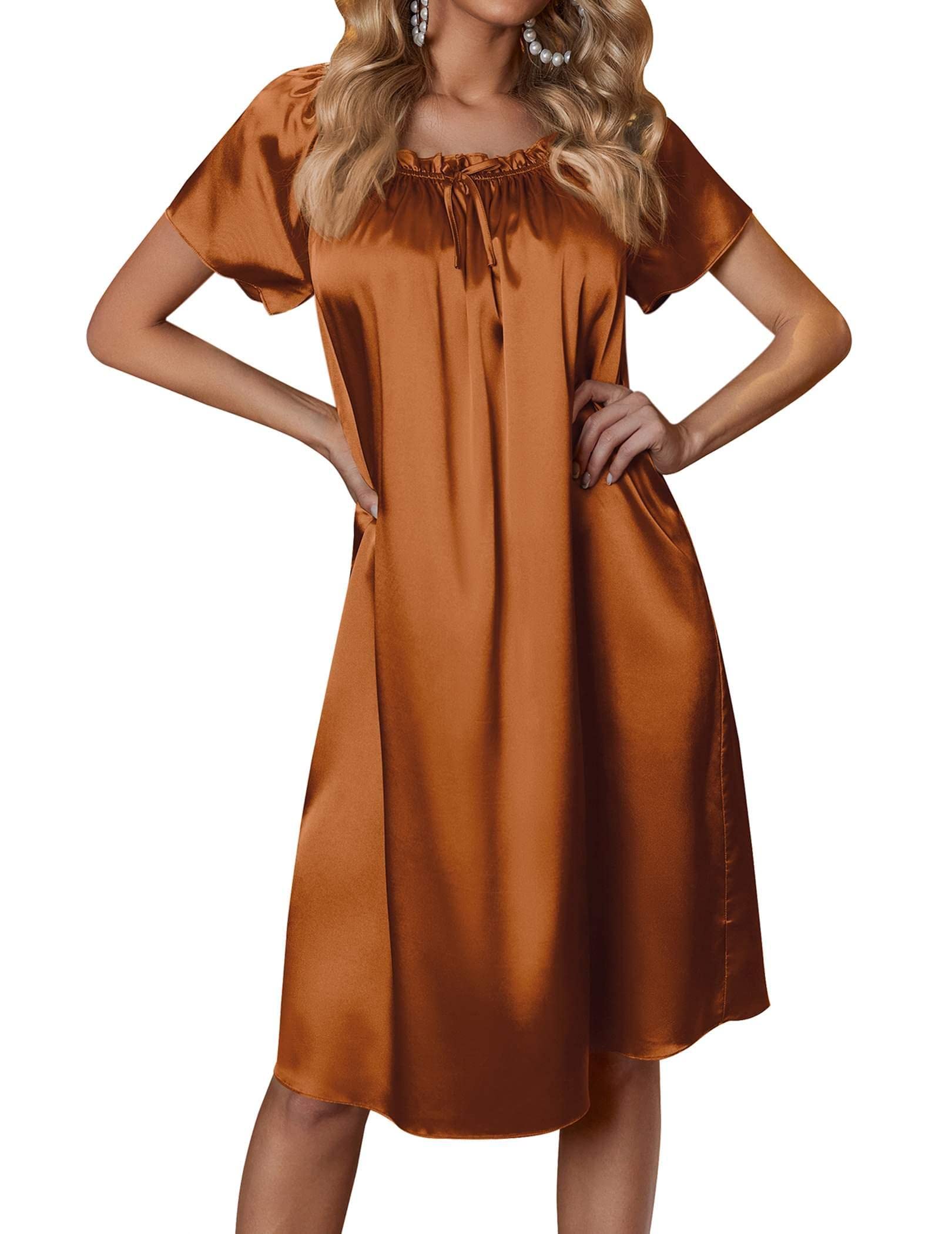 Ekouaer Women's Satin Silk Pleated Nightgown Loose Sleepwear Printed Nightshirt Short Sleeve Sleep Dress WEBE CLOTHING