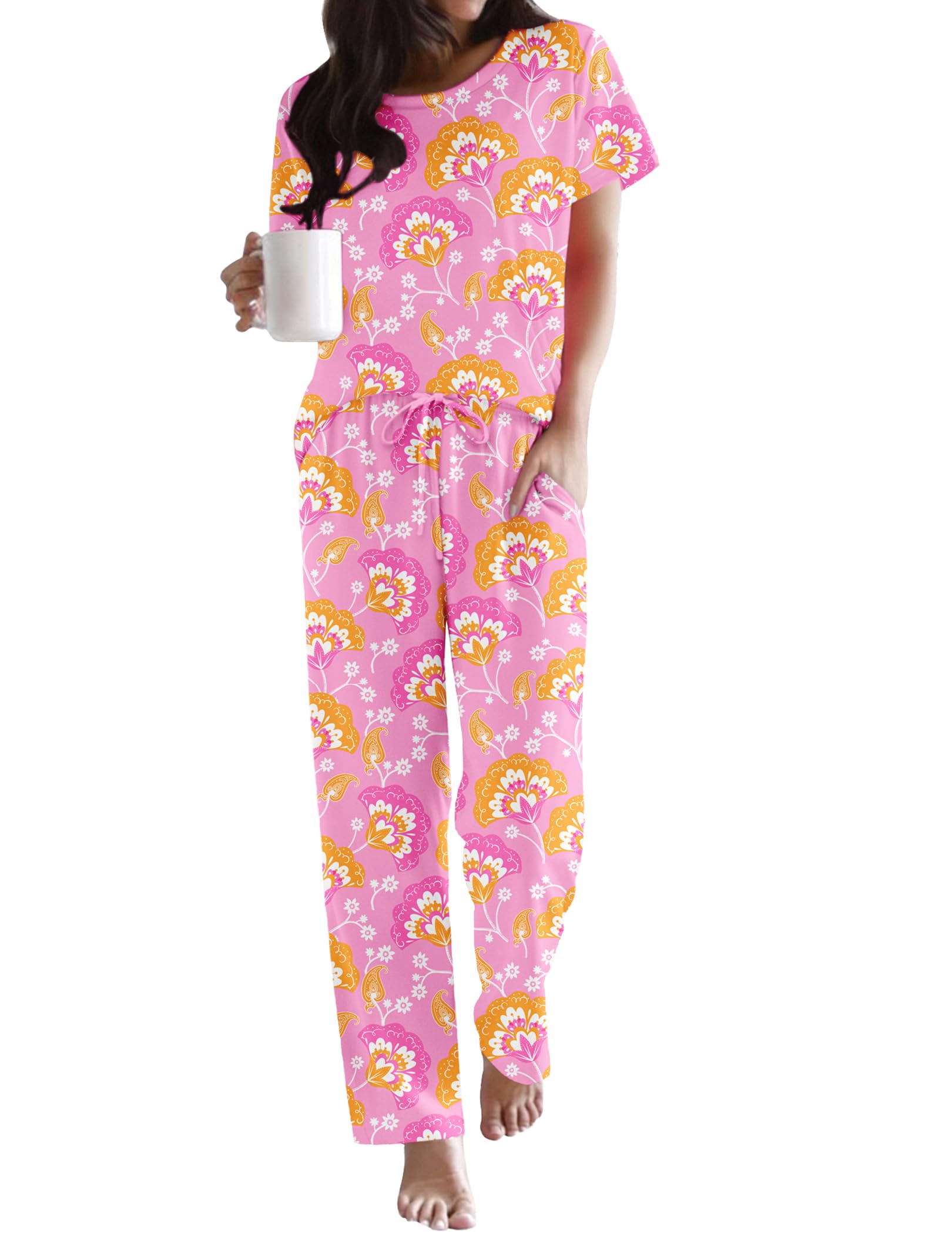 Ekouaer Pajama Sets for Women Round Neck Pjs Short Sleeve Sleepwear with Long Pants Loose Lounge Sets