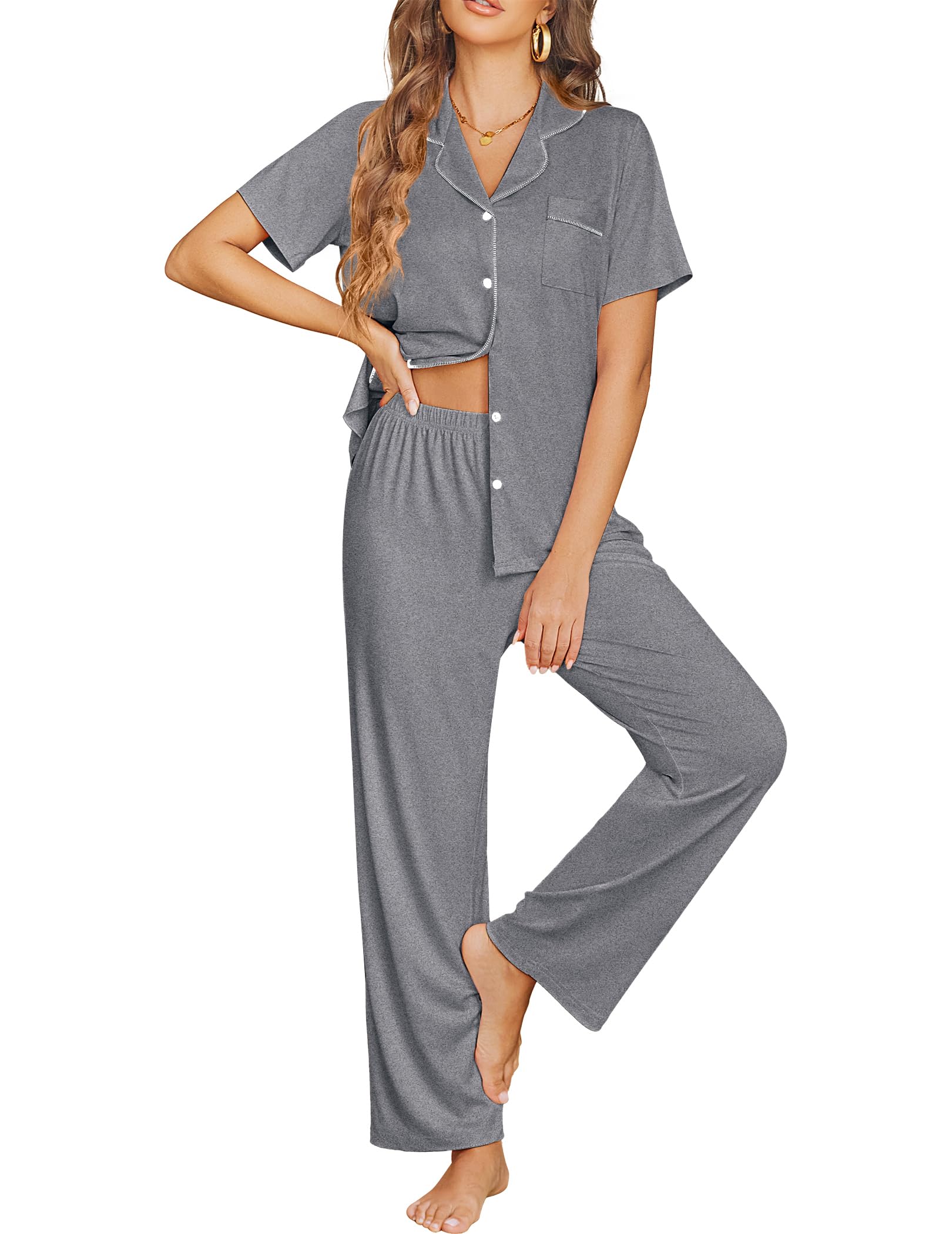 Ekouaer Womens Pajama Sets Button Down Pjs Lounge Sets 2 Piece Short Sleeve Sleepwear Soft Comfy Loungewear