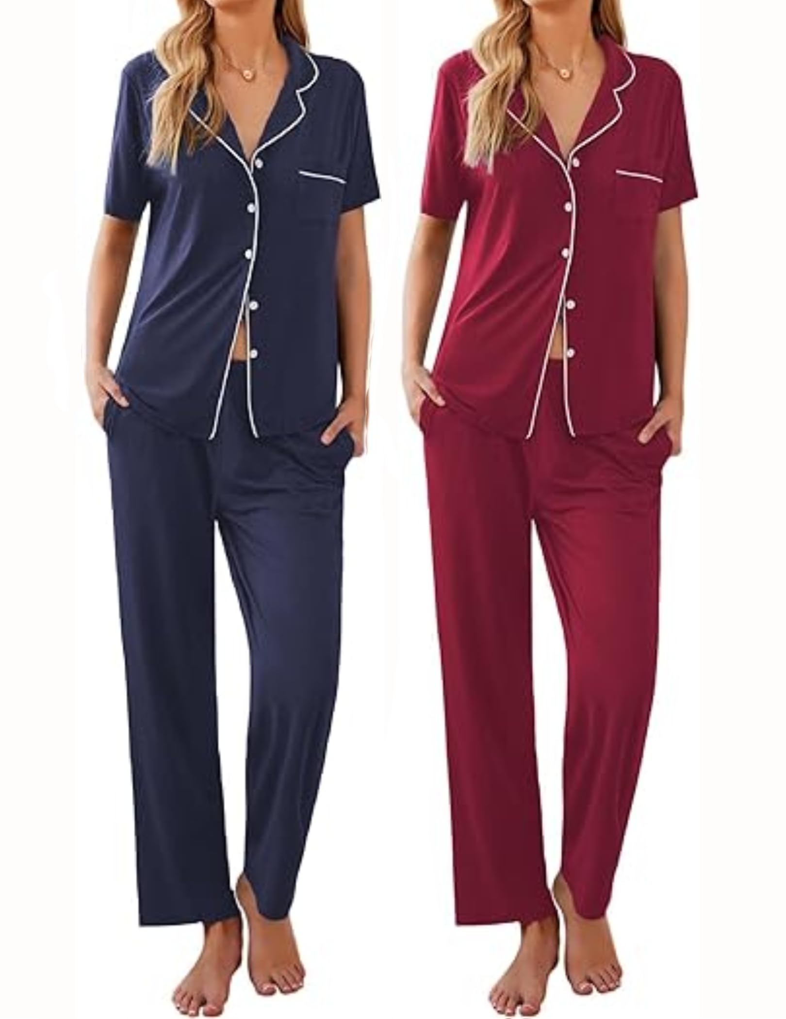 Ekouaer 2 Pack：Womens Pajamas Short Sleeve Pjs Notch Collar Button Up Loungewear Cozy Sleepwear Sets WEBE CLOTHING
