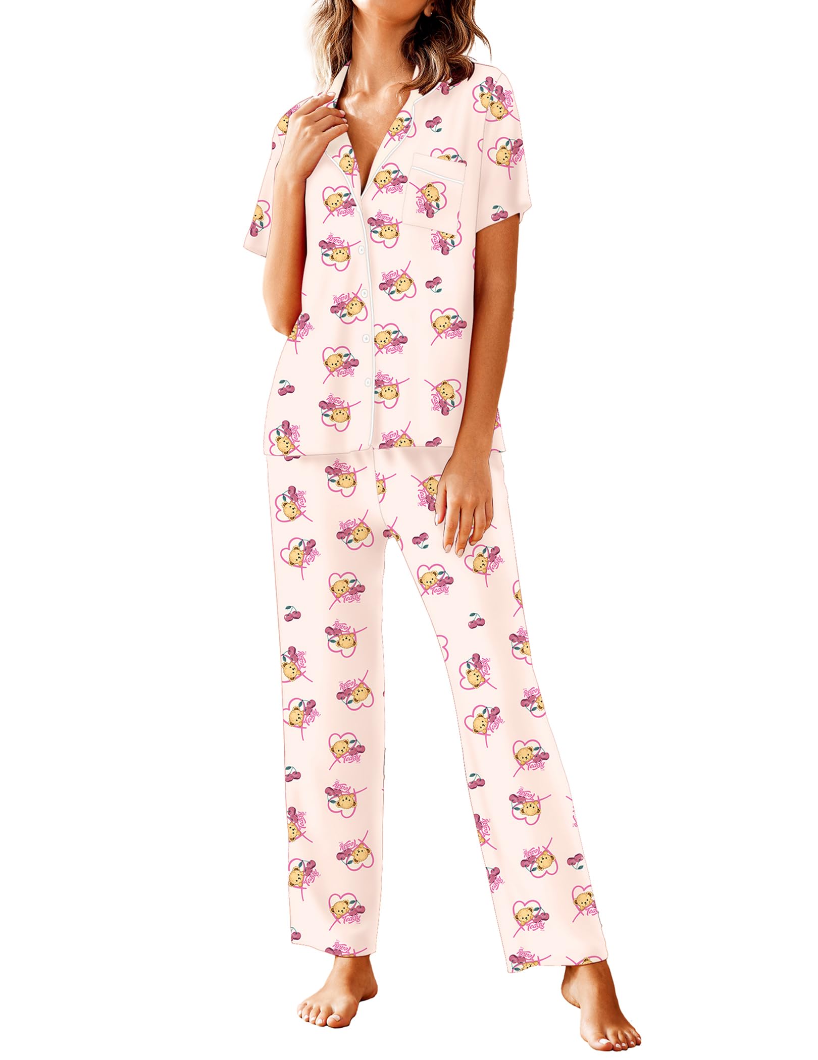 Avidlove Women Pajamas Set Notch Collar Soft Sleepwear Pjs Short Sleeve Button Down Nightwear with Long Pants WEBE CLOTHING