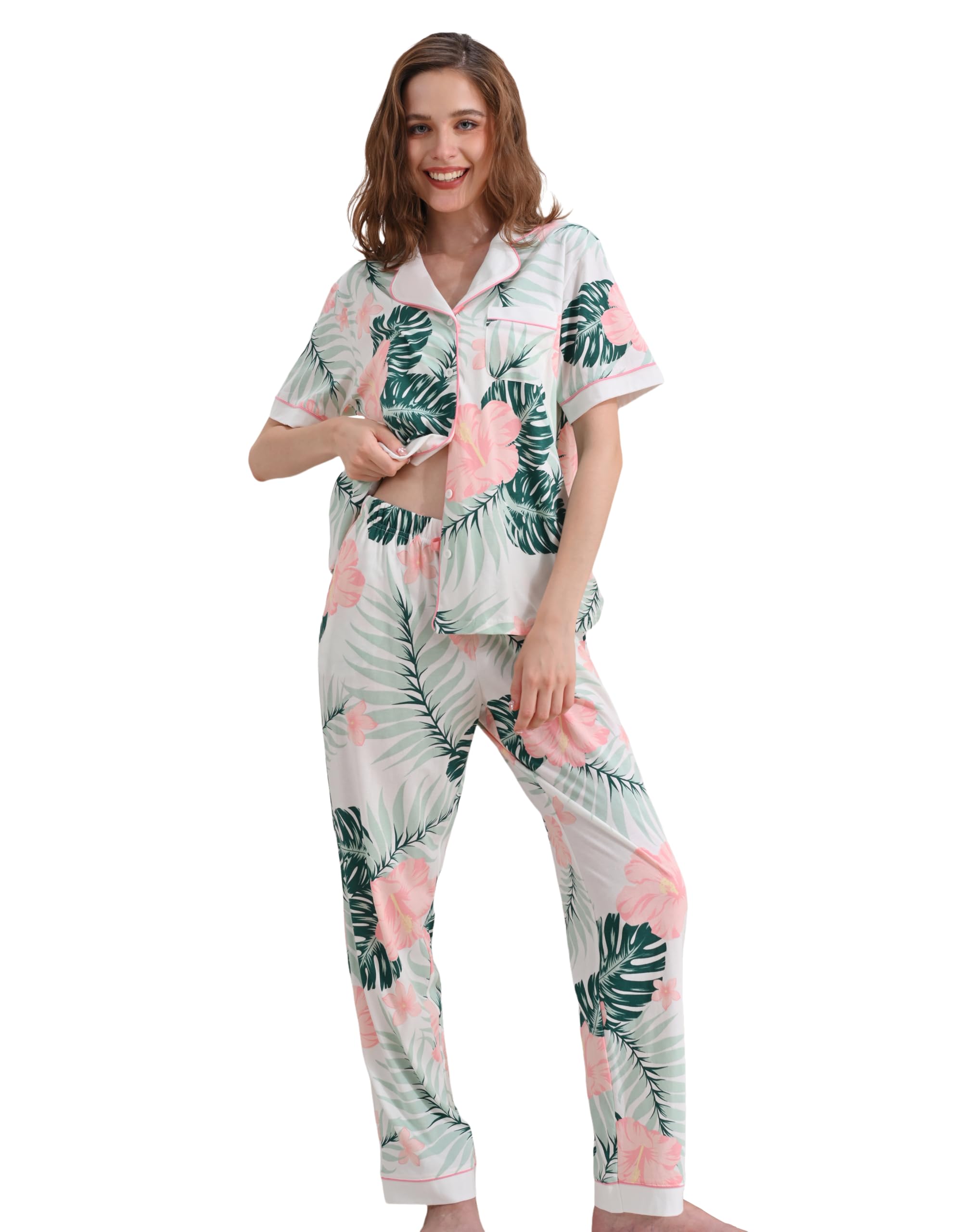 NAP BOUND 100% Cotton Pajamas for Women Sets 2 Pieces Pjs Button short sleeves with Pockets Soft Sleepwear Loungewear XS-XXL