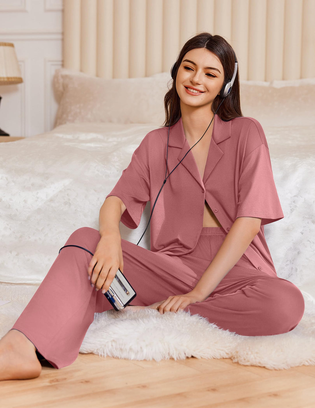 Ekouaer Women Pajamas Set Button Down Sleepwear Short Sleeve Pjs Soft Comfy Nightwear with Long Pants S-XXL