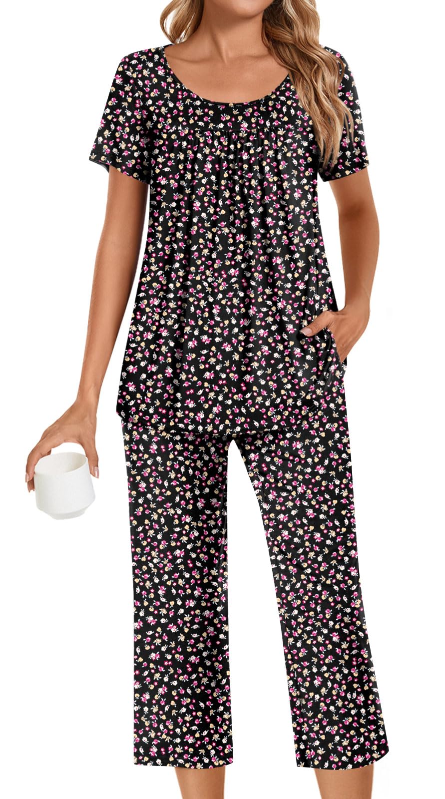POPYOUNG Womens Pajama Sets Summer Ladies Pjs 2 Piece Loungewear Capri with Pockets Sleepwear