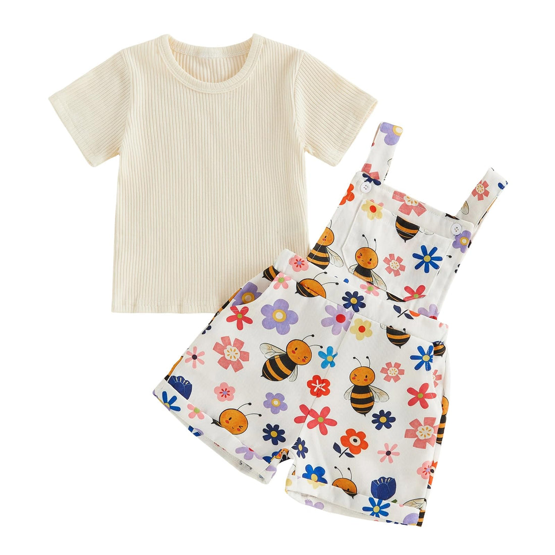 Toddler Baby Girls Summer Outfits T-Shirt Overalls Shorts Set | Short Sleeve Ribbed Shirt, Flower/Apple/Strawberry/Camo/Star/Bee Suspender Overalls, Kid 2Pcs Clothing, Spring Clothes 12M-5Y WEBE CLOTHING