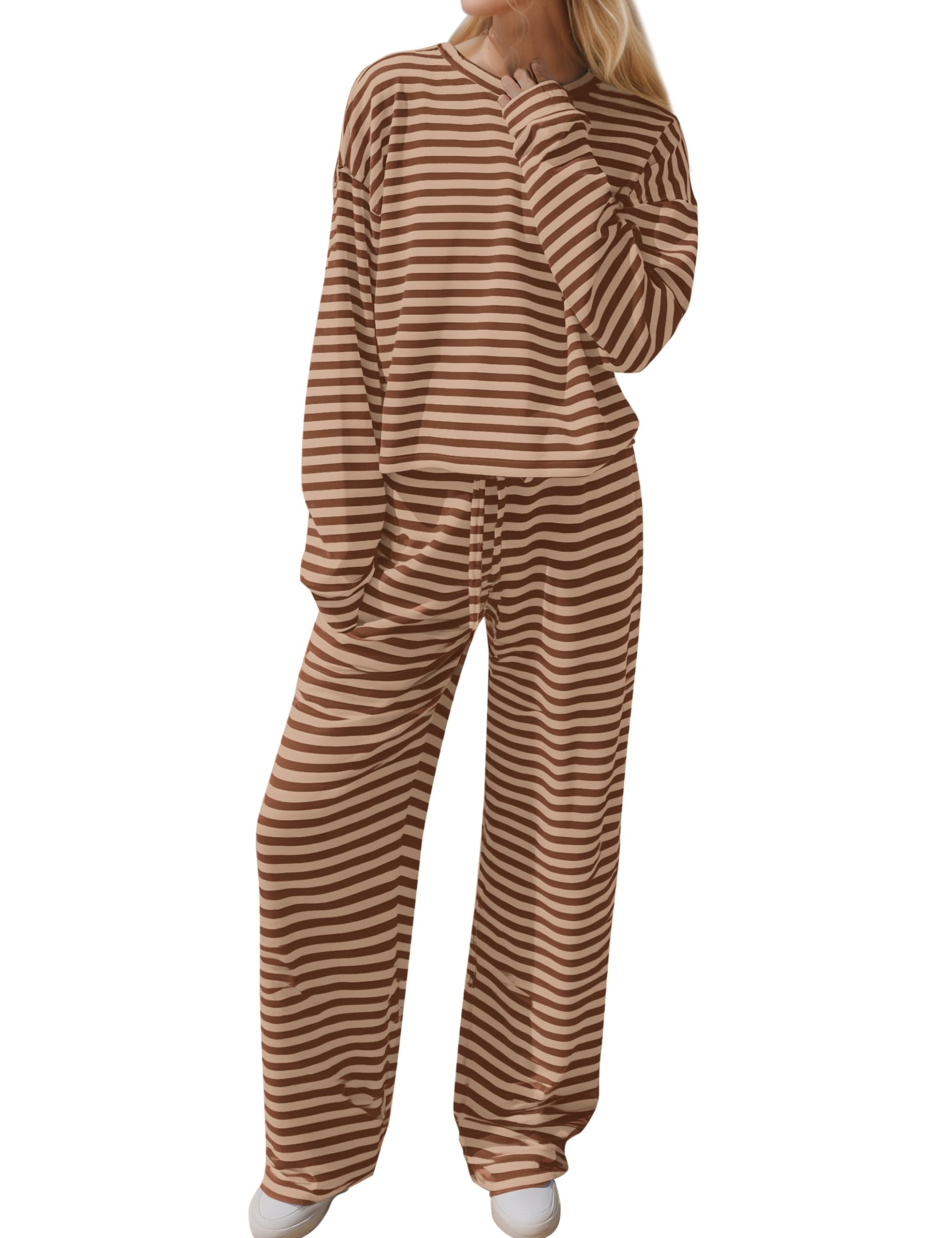 MISSACTIVER Women's Striped 2 Piece Lounge Set Casual Long Sleeve T-Shirt Drawstring Wide Leg Pants Matching Pajamas Set