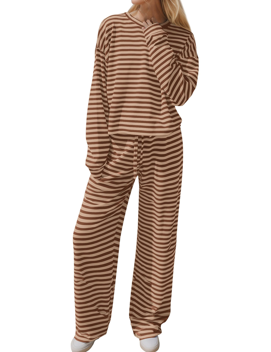 MISSACTIVER Women's Striped 2 Piece Lounge Set Casual Long Sleeve T-Shirt Drawstring Wide Leg Pants Matching Pajamas Set