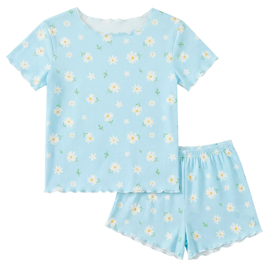 Beinou Girls Pajamas Sets Ribbed Ruffle Short Sleeve Sleepwear Toddler Summer Pjs 2 Pcs Kids Loungewear Outfit 2-9Y