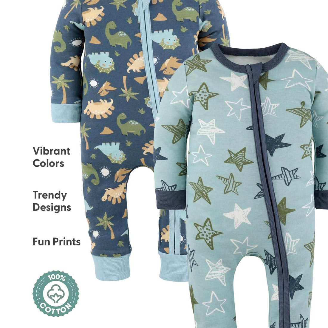 The Peanutshell 2-Pack Sleep and Play Baby Boy Clothes, Soft Cotton Footless Pajamas, Dino Star