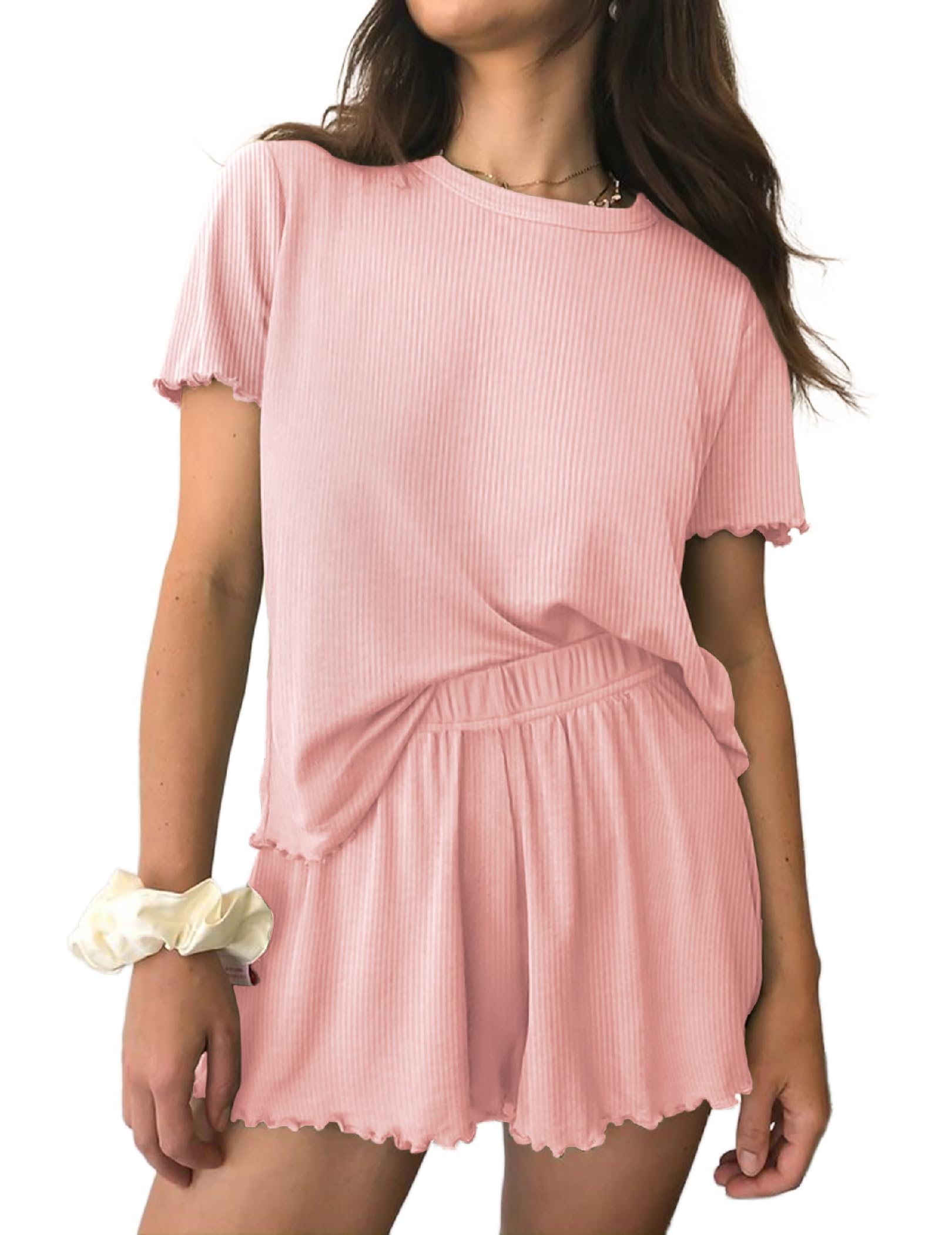 Ekouaer Womens Pajamas 2 Piece Ribbed Knit Pjs Short Sleeve Sleepwear Set Summer Soft Pajamas Set Casual Lounge Sets