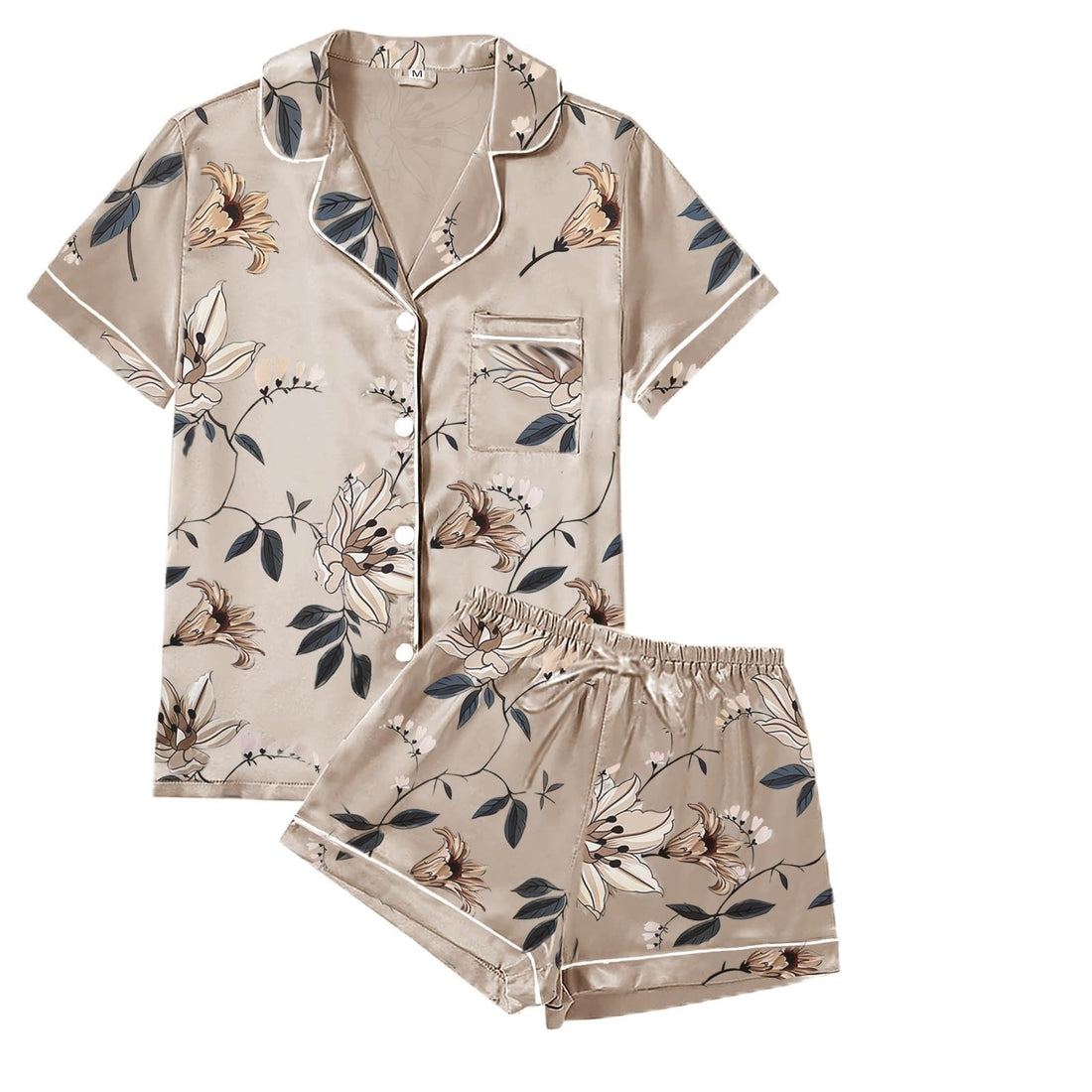 WJing Yi Jia 4Pcs Womens Satin Silky Pajama Sets Short Sleeve Shirt XS-4XL Floral Pajamas Set Soft PJ Loungewear Sleepwear