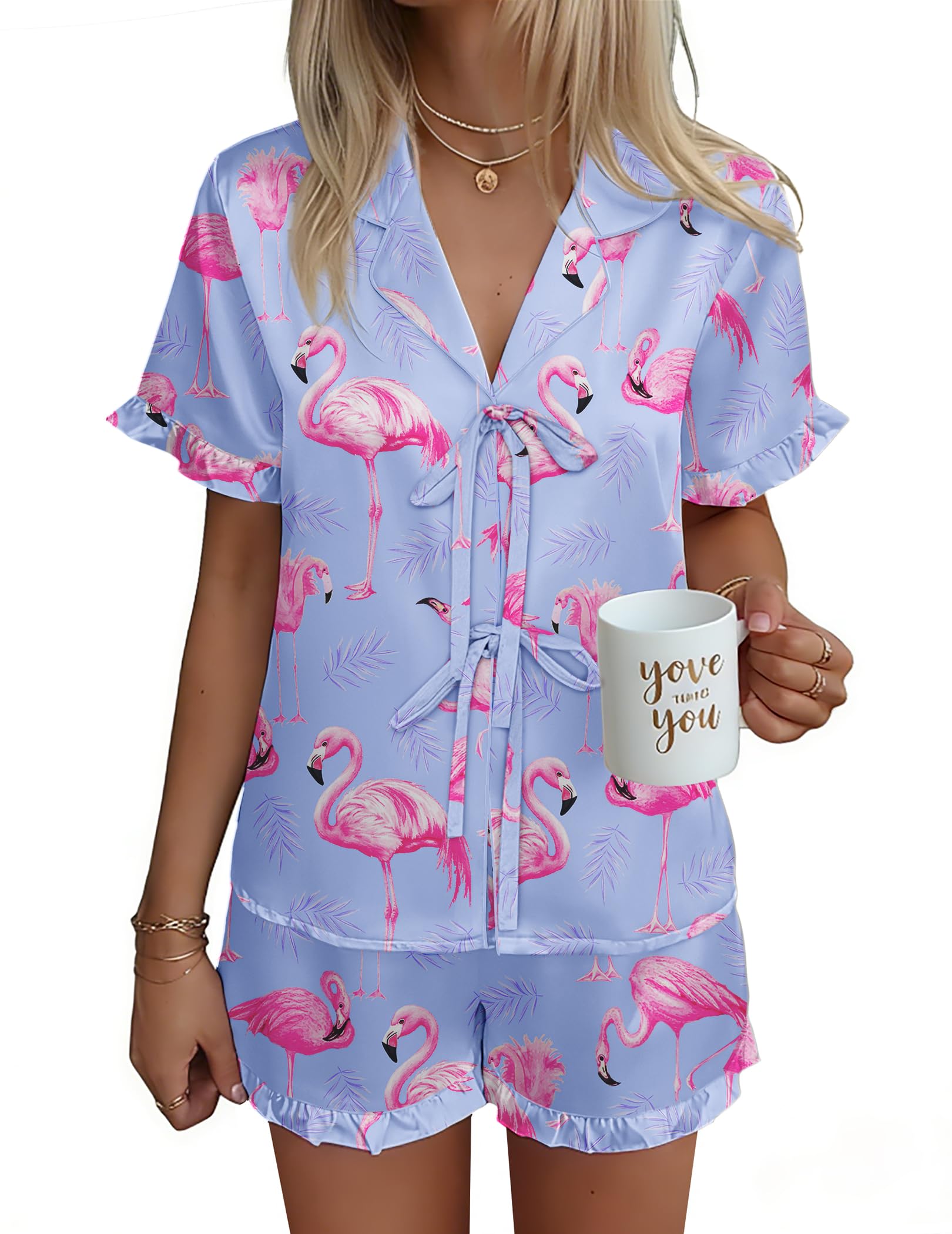 Ekouaer Satin Pajama for Women Short Sleeve Silky Pj Short Set Bow Front Tie Up Loungewear Sleepwear