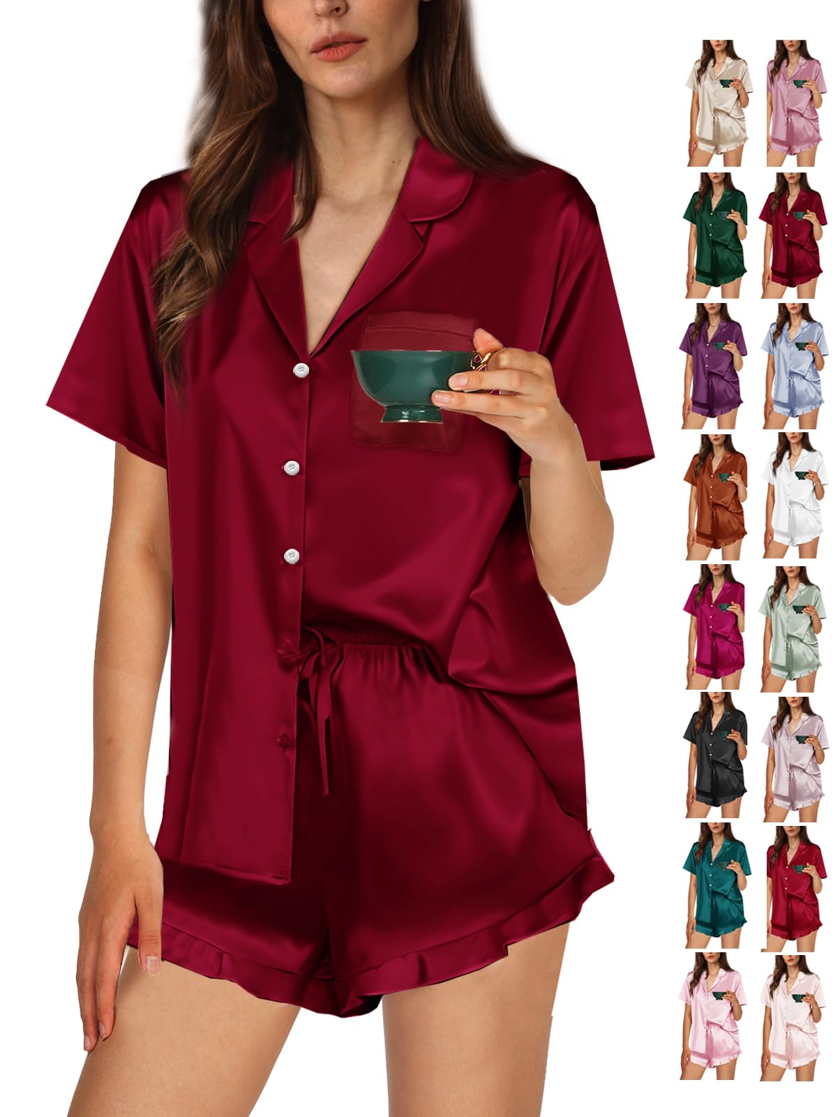 WJing Yi Jia Ruffle Pajama Sets For Women XS-4XL Womens Silk Satin Pajamas Set Silky Sleepwear Pj Sets Nightwear Loungewear
