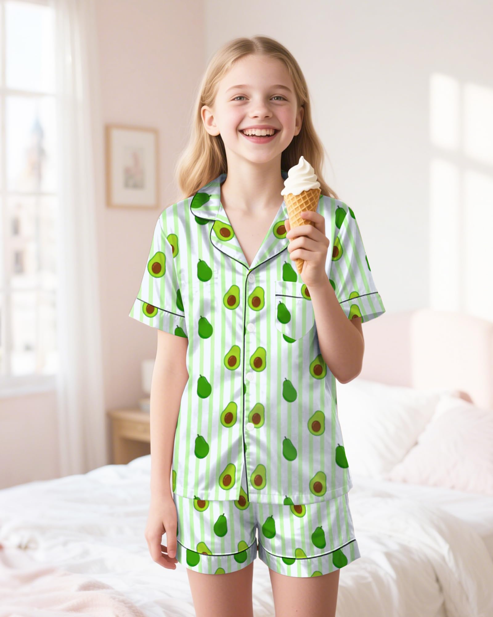 Sylfairy Girls Pajamas Silk PJS Set Pink Bow Satin Sleepwear Short Sleeve Jammies for Kids Button-Down Nightwear size 7-14