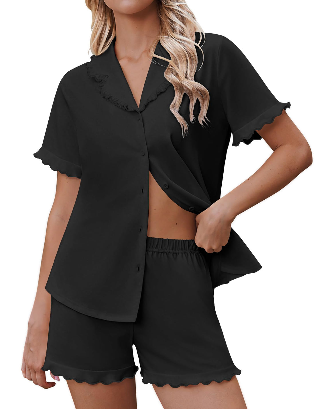 Ekouaer Pajamas for Women Sets Cute Pjs Button Down 2 Piece Short Sleeve Ruffle Lounge Set Sleepwear WEBE CLOTHING