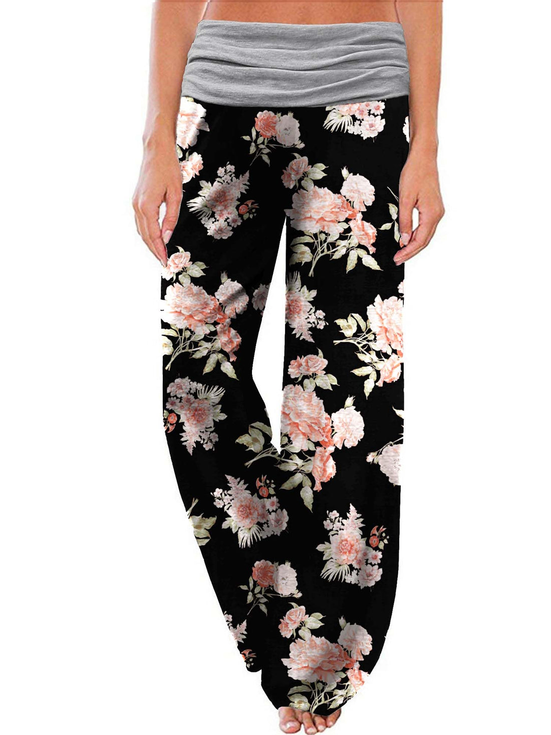 Gracyoga Women's Comfy Pajama Pants Wide Leg Lounge Palazzo Yoga Pants Stretch Casual Floral Print Fold Waist Pants