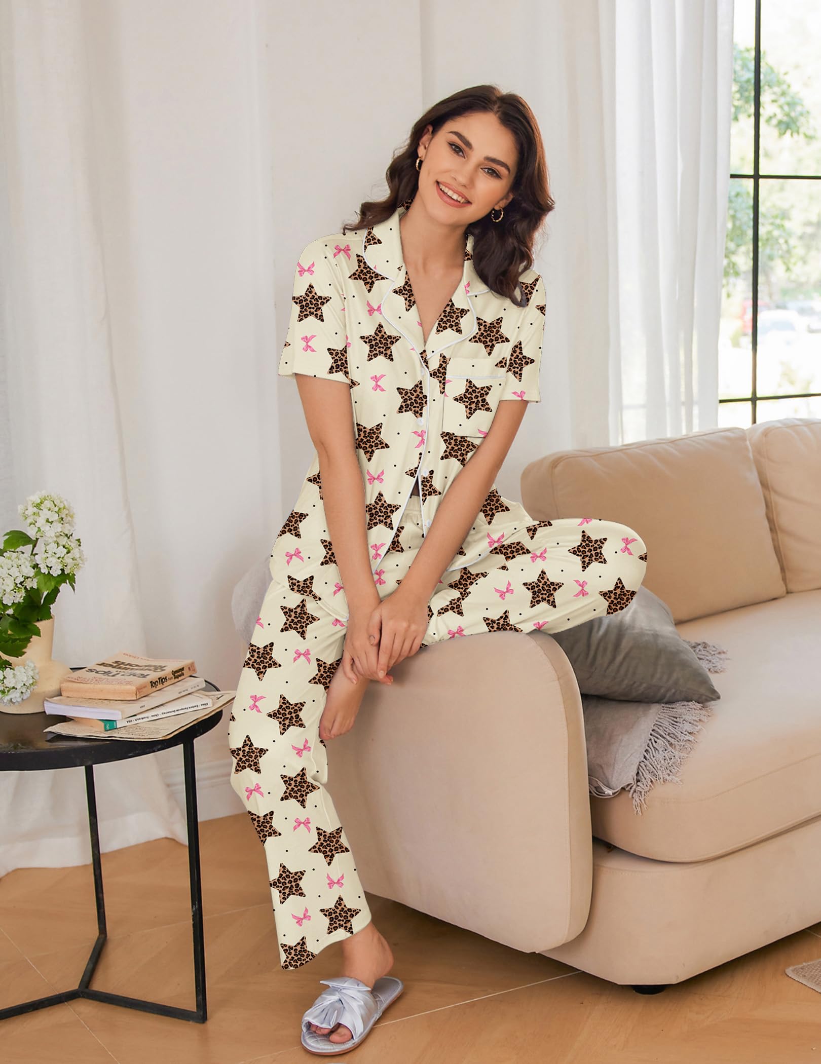 Ekouaer 2 Pack：Womens Pajamas Short Sleeve Pjs Notch Collar Button Up Loungewear Cozy Sleepwear Sets WEBE CLOTHING