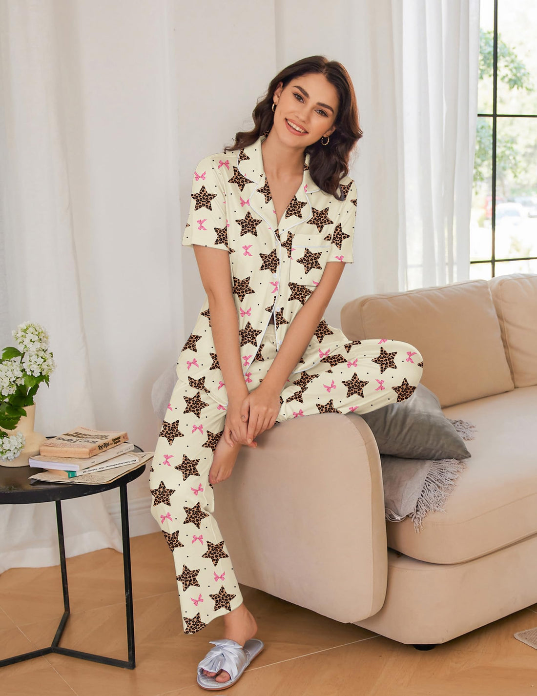 Ekouaer 2 Pack：Womens Pajamas Short Sleeve Pjs Notch Collar Button Up Loungewear Cozy Sleepwear Sets WEBE CLOTHING