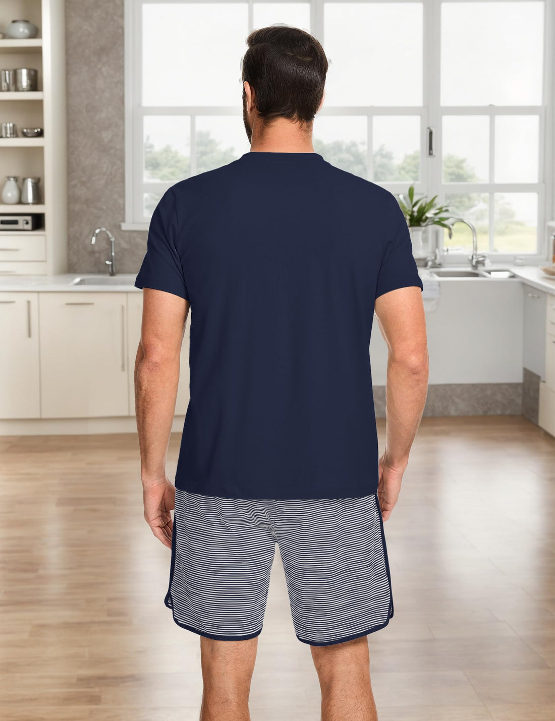 Mens Cotton Pajamas Set Stripe 2 Piece Lounge Set Pjs Summer Short Sleeve and Shorts Comfy Loungewear with Pockets WEBE CLOTHING