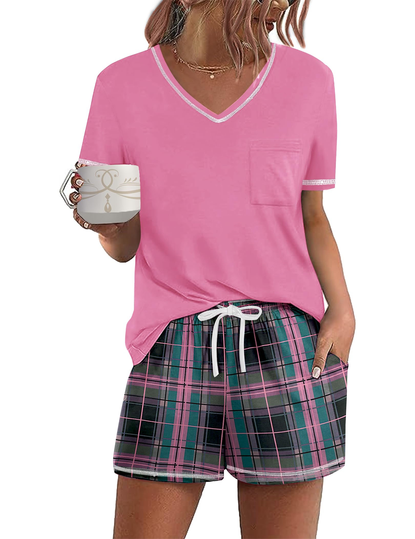 Ekouaer Women's Pajamas Sets Short Sleeve Pjs Two Piece Sleepwear Casual Lounge Sets With Pockets