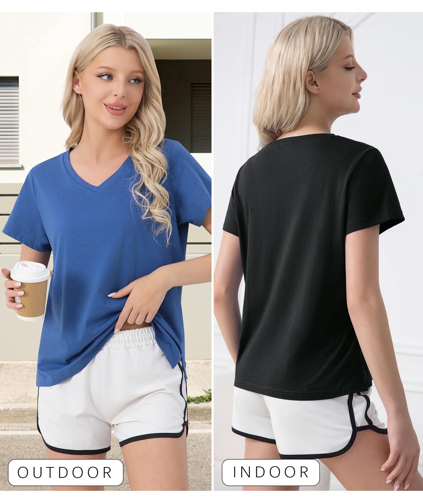 ENJOYNIGHT 2 Pack Womens Pajama Tops Cotton T-Shirt V-Neck Soft Sleep Pj Shirt Short Sleeves