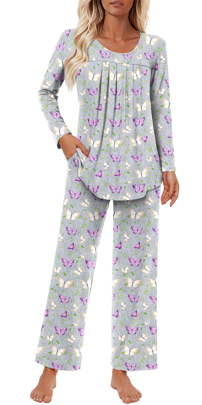 Findsweet Women's Pajama Set 2 Piece Lounge Outfits Soft Sleepwear Fall Long Sleeve Long Pant With Pockets Ladies Pjs S-3XL