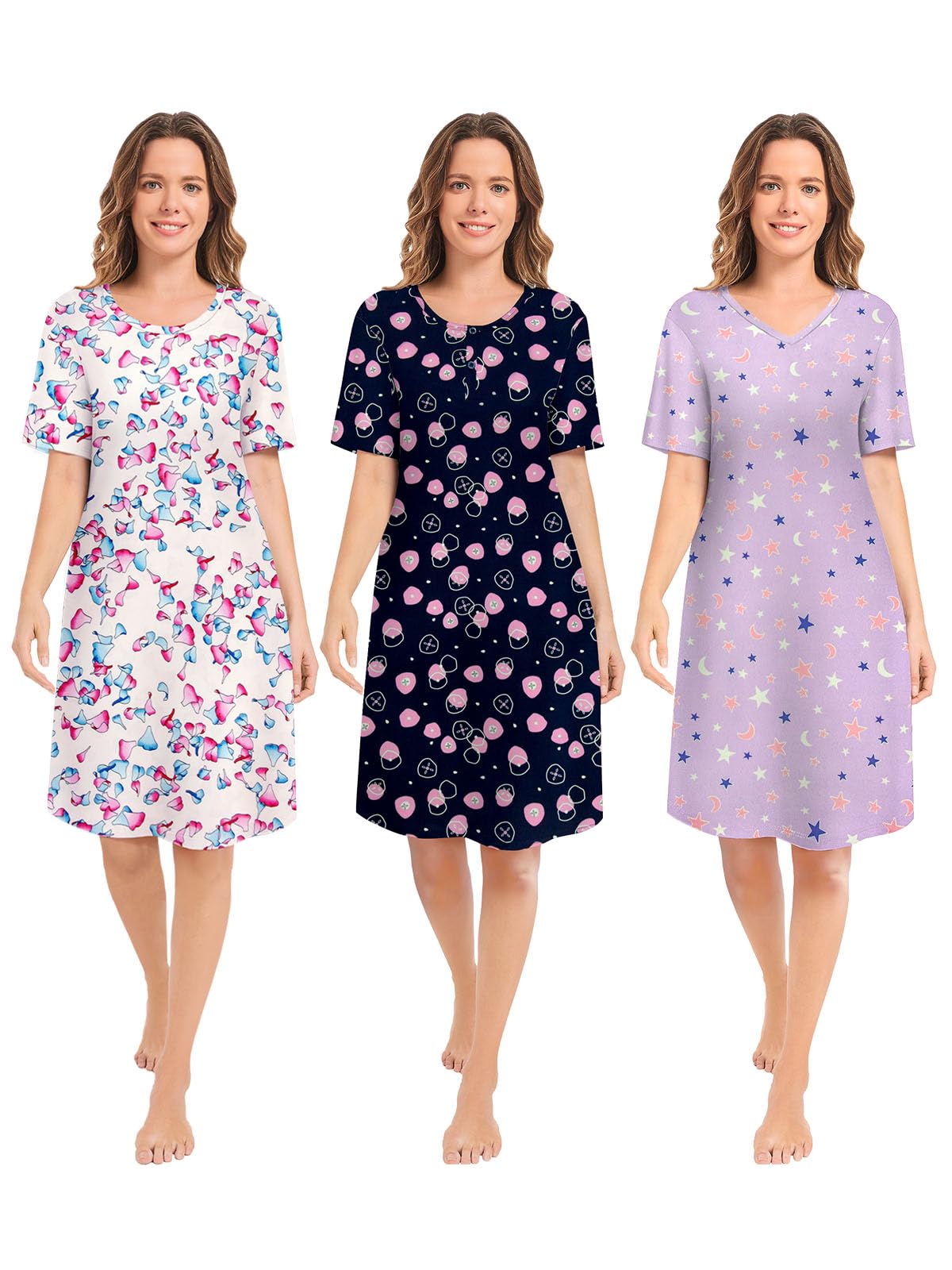3 Pack Nightgowns for Women Short Sleeve Night Gown Soft Sleep Shirts Women's Sleepwear Print Sleep Dress WEBE CLOTHING