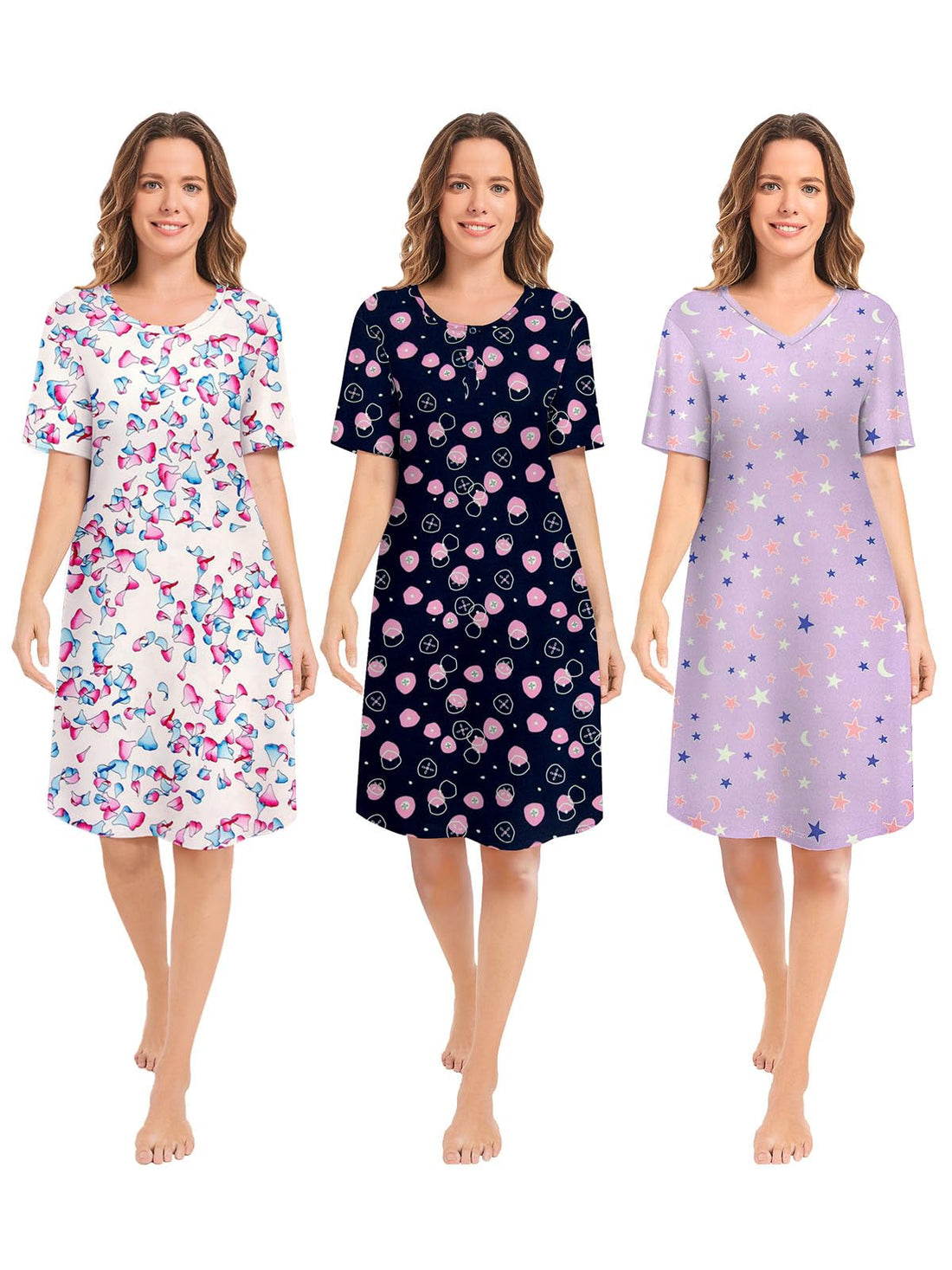 3 Pack Nightgowns for Women Short Sleeve Night Gown Soft Sleep Shirts Women's Sleepwear Print Sleep Dress WEBE CLOTHING