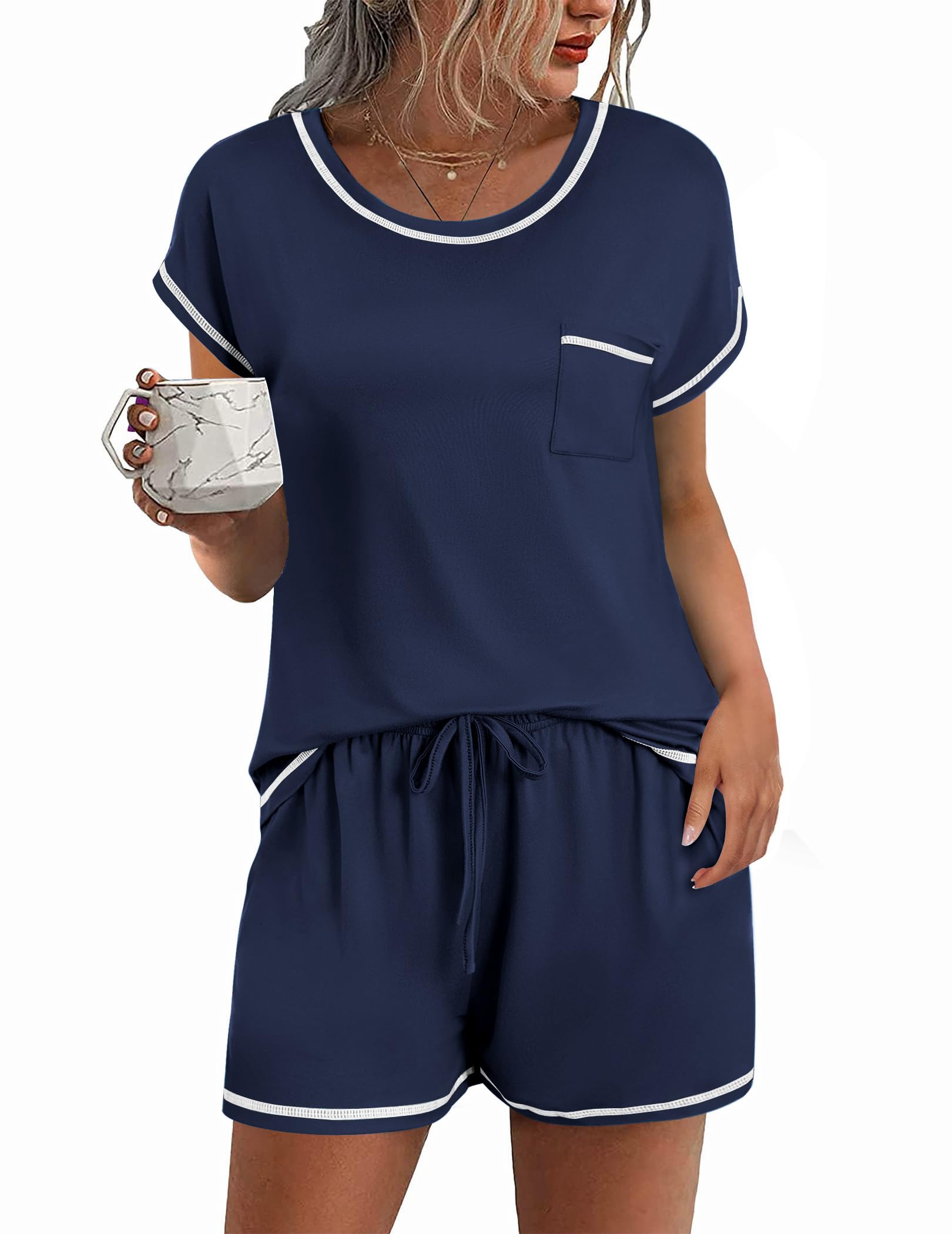 Ekouaer Womens Pajama Sets 2 Piece Soft Short Sleeve Top and Shorts Sleepwear Round Neck Pjs Lounge Set with Pockets