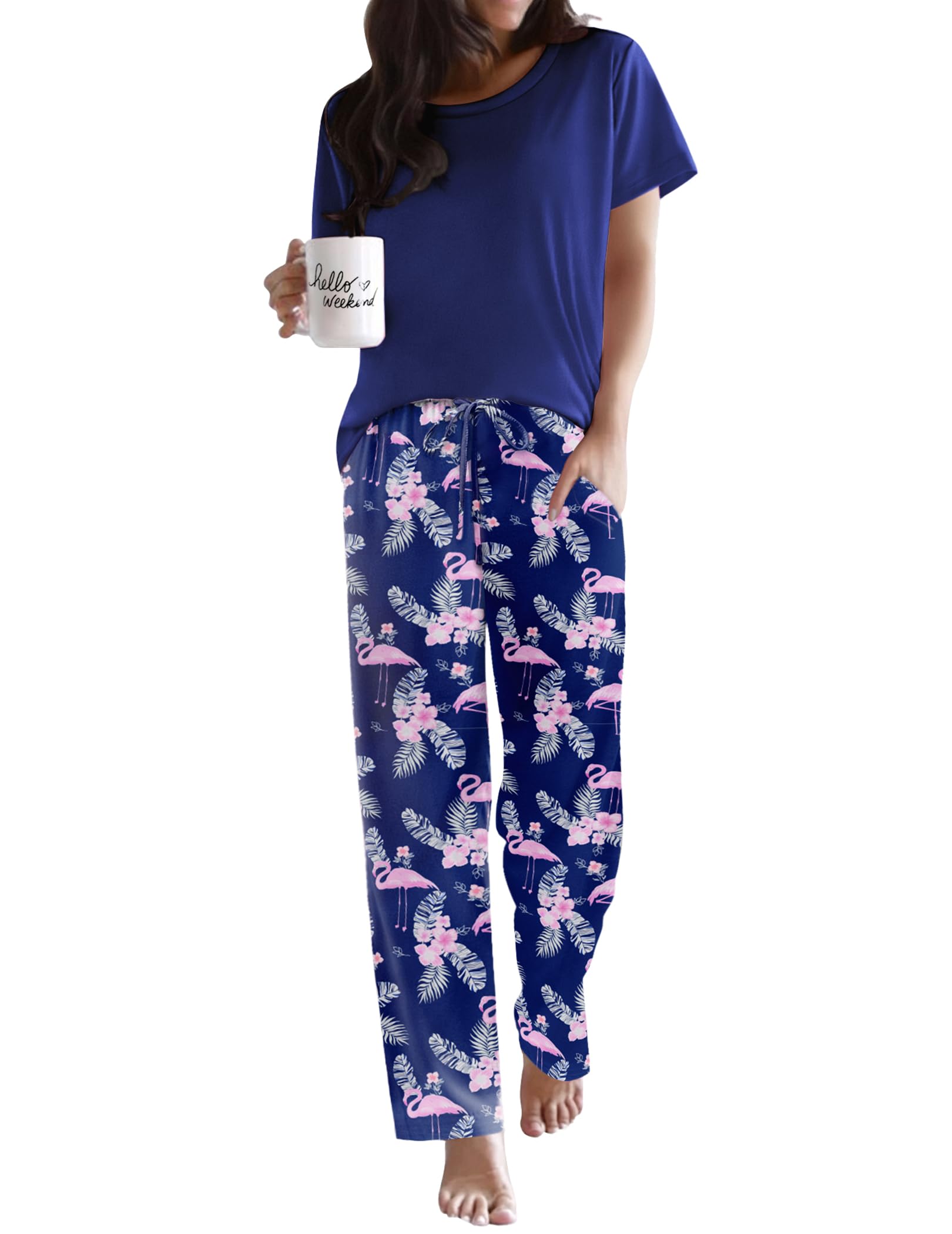 Ekouaer Pajama Sets for Women Round Neck Pjs Short Sleeve Sleepwear with Long Pants Loose Lounge Sets