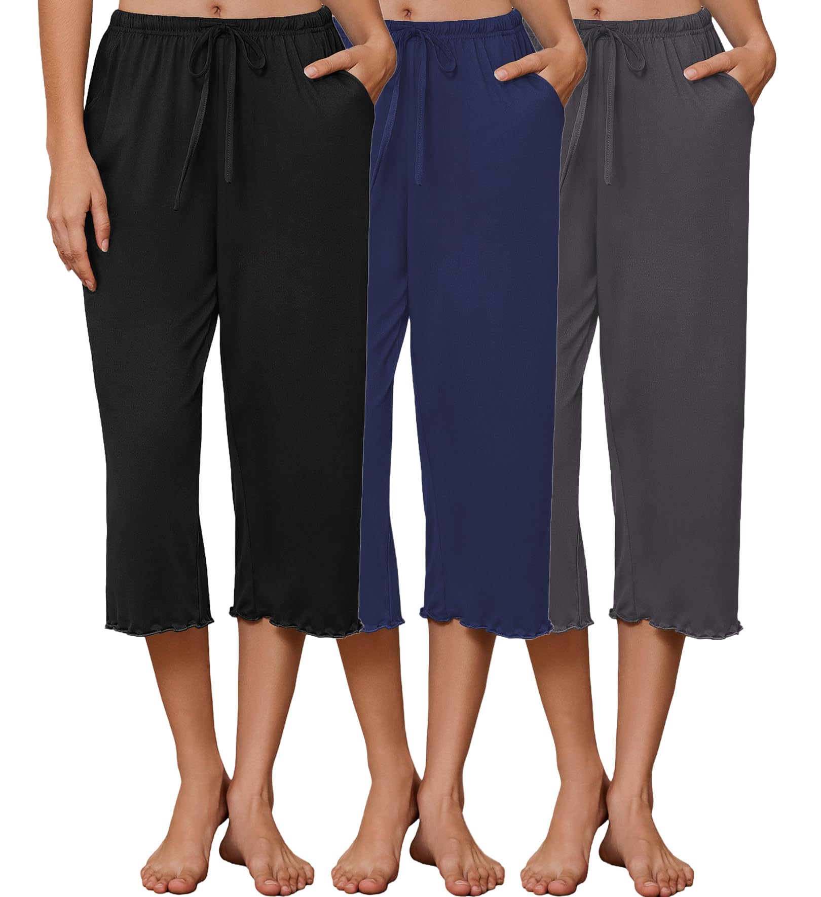 Ekouaer 3 Pack Women Capri Pajama Pants 2026 Ruffle Hem Lounge Pants Drawstring Pj Bottoms with Pockets