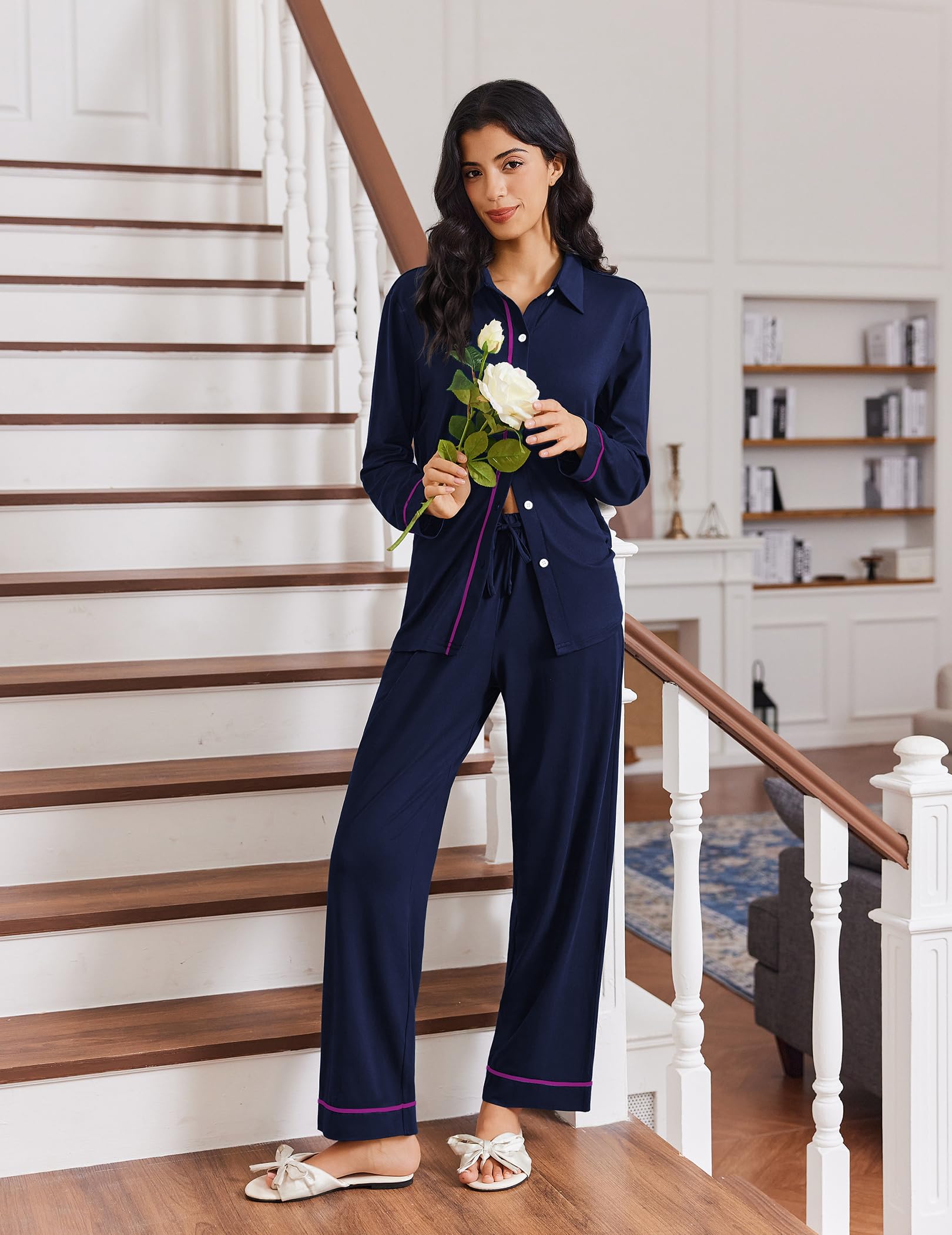 Ekouaer Womens Pajama Sets Long Sleeve Sleepwear Soft Button Down Pjs 2 Piece Loungewear witn Pants S-XXL