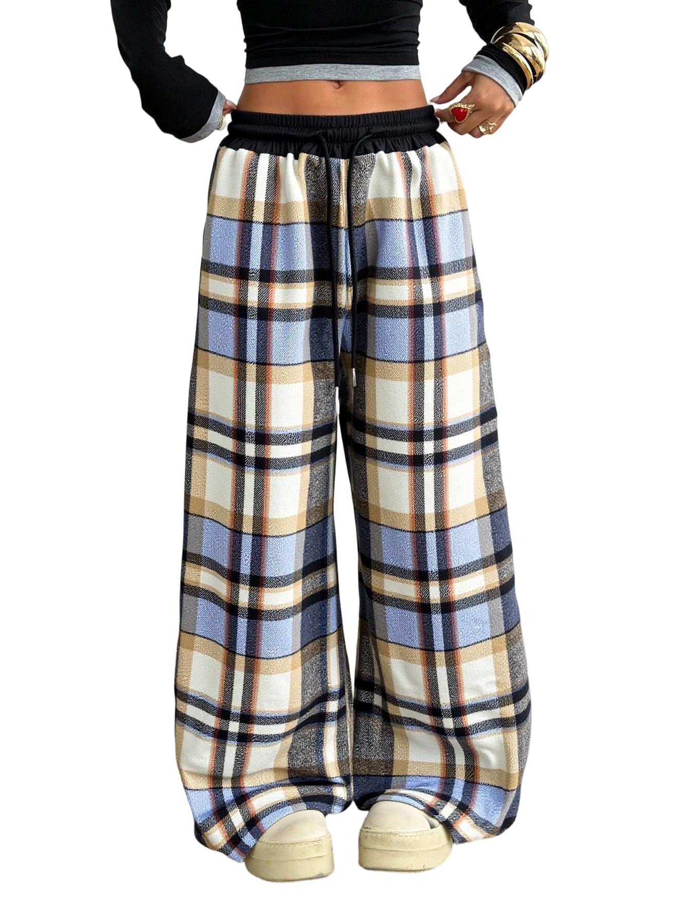 SOLY HUX Women's Plaid Checkered Pants Flannel Pajama Pants Lounge Wide Leg Baggy Sweatpants with Pockets