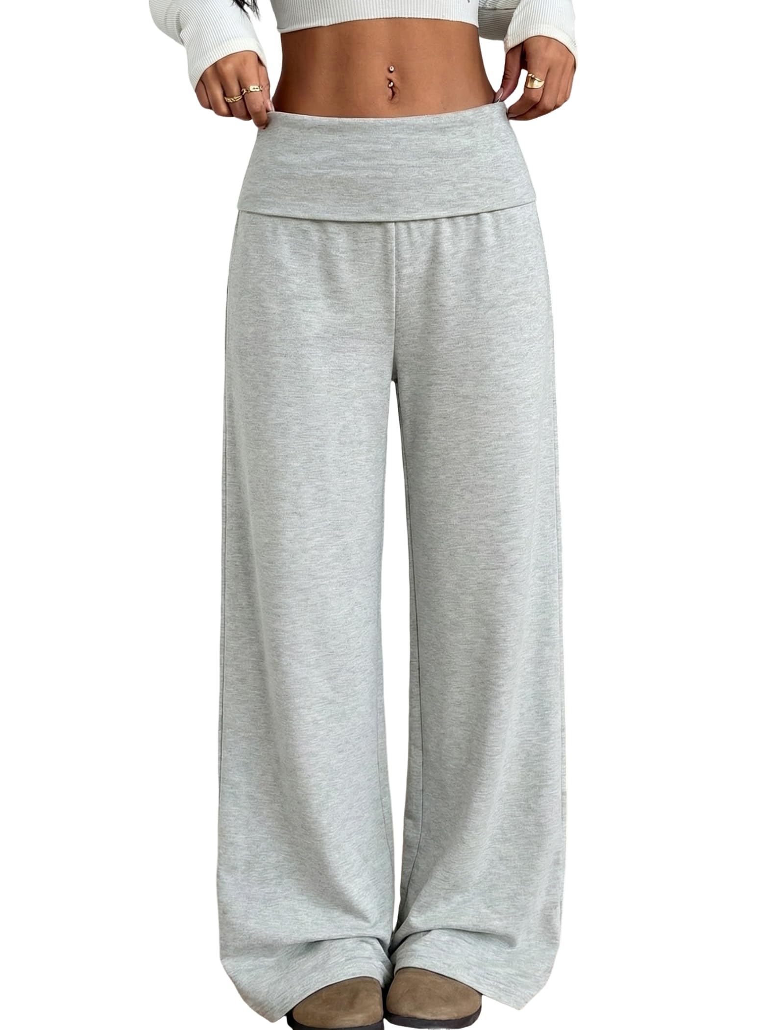 ZAFUL Women's Striped Pants Casual Fold Waist Wide Leg Pants Lightweight Comfy Stretchy Loose Lounge Pajama Pants