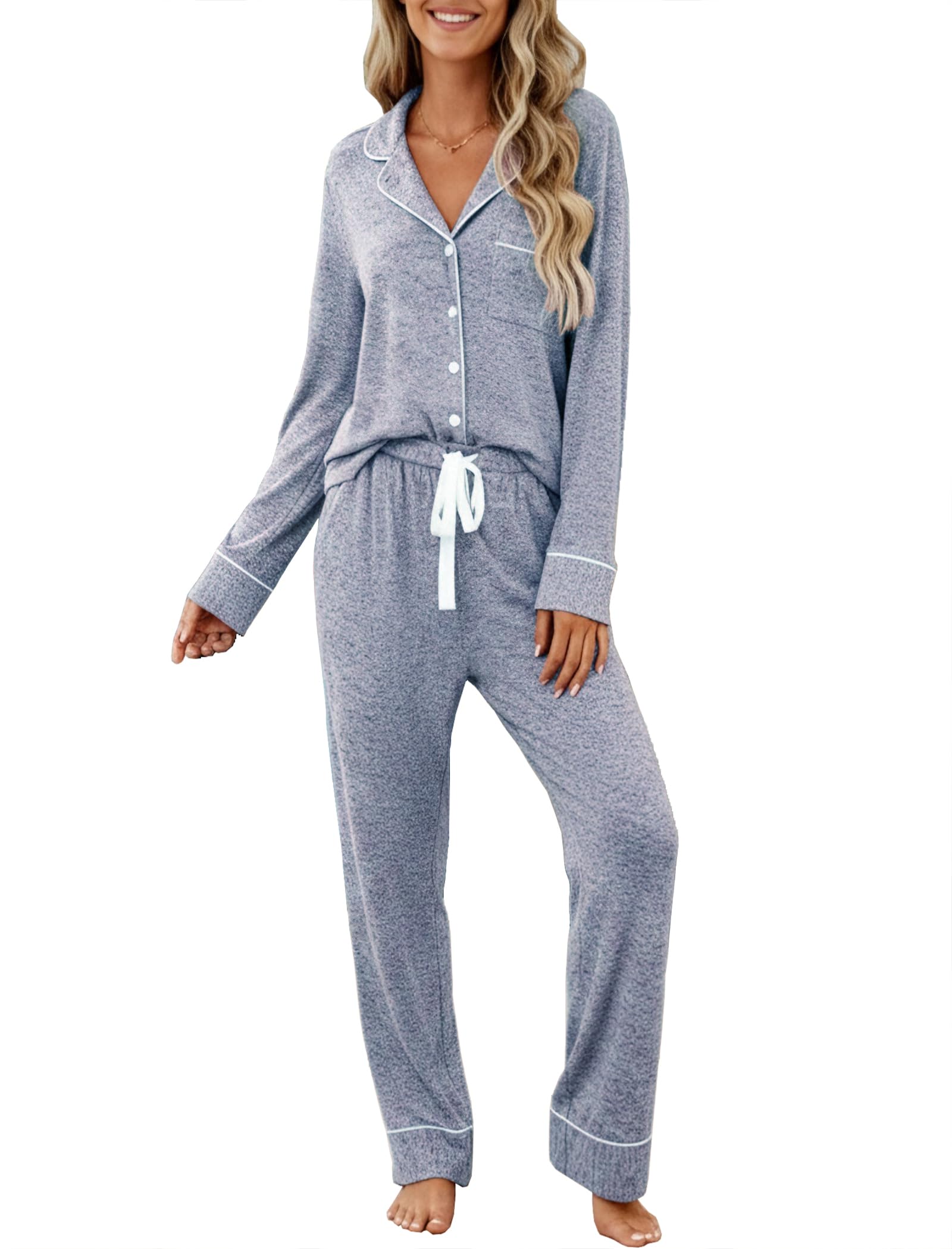 Samring Pajamas Women's Long Sleeve Sleepwear Button Down Pj Sets Soft Loungewear Pajama Set for Women S-XXL