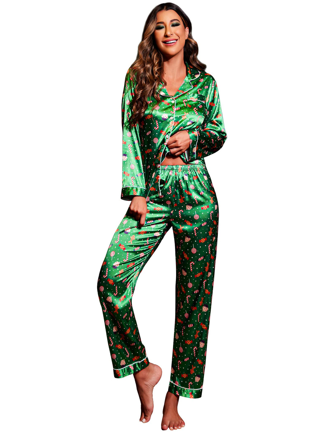 Ekouaer Womens Satin Silky Pajama Set Classic Pattern Button Down Pjs Set | Soft Fabric, Long Sleeve Notch Collar with Contrast Piping, Chest Pocket, Gifting Sleepwear WEBE CLOTHING