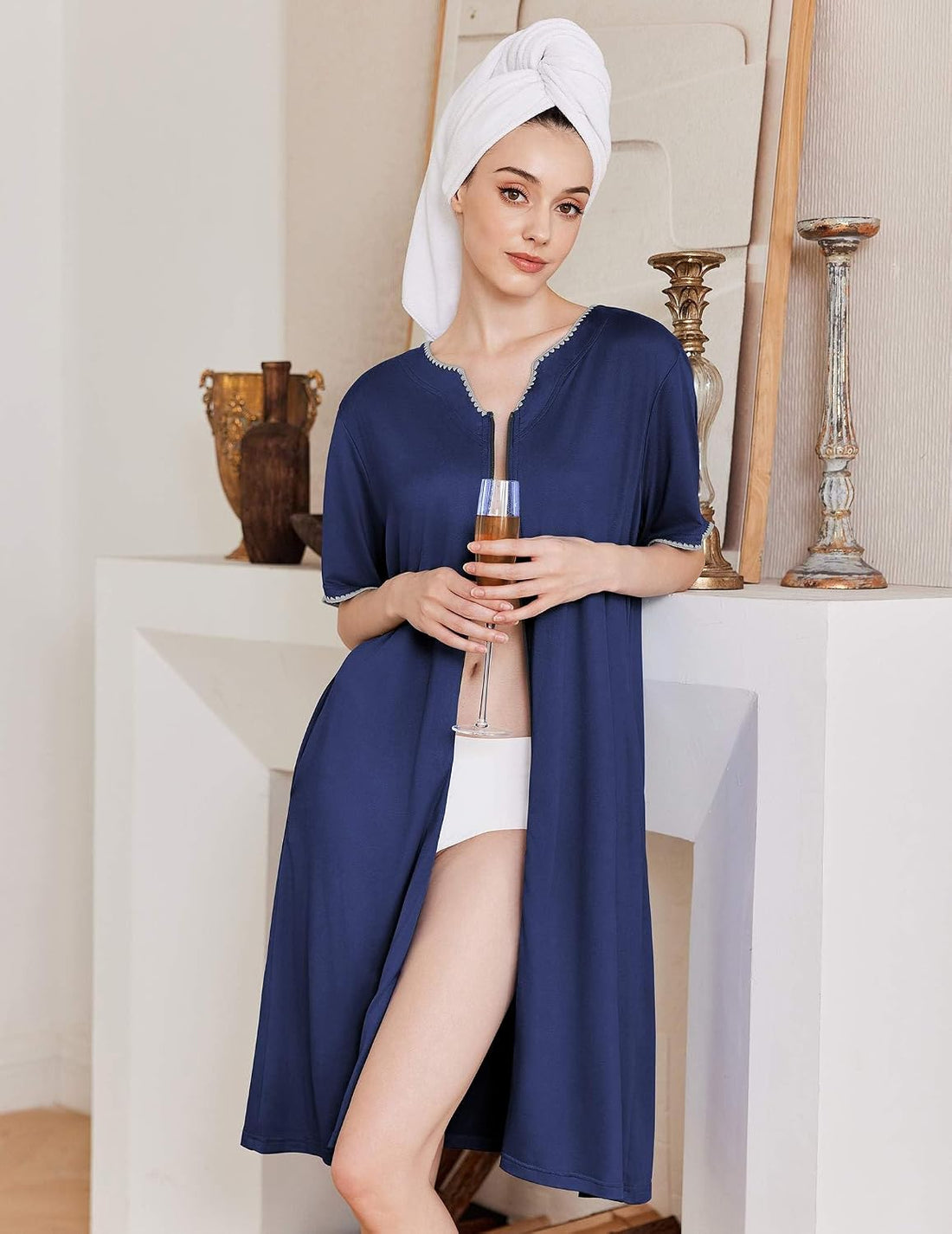 Ekouaer Zipper Robes for Women Knee Length Bathrobe Lightweight Housecoat Short Sleeve Nightgown with Pockets S-3XL WEBE CLOTHING